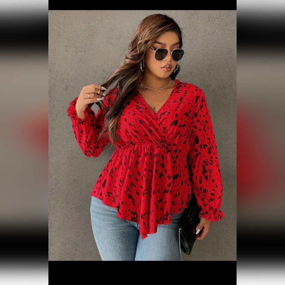 Shein Cheetah Print Mob Wife Handkerchief Hem Red And Black Blouse, Size 0XL.